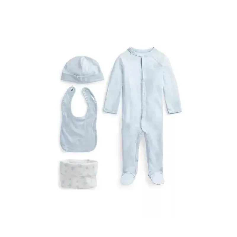 Polo Ralph Lauren Baby – 4Pk Long-Sleeve Interlock Coverall, Bib, Beanie & Print Knit Caddy, Quartz Heather