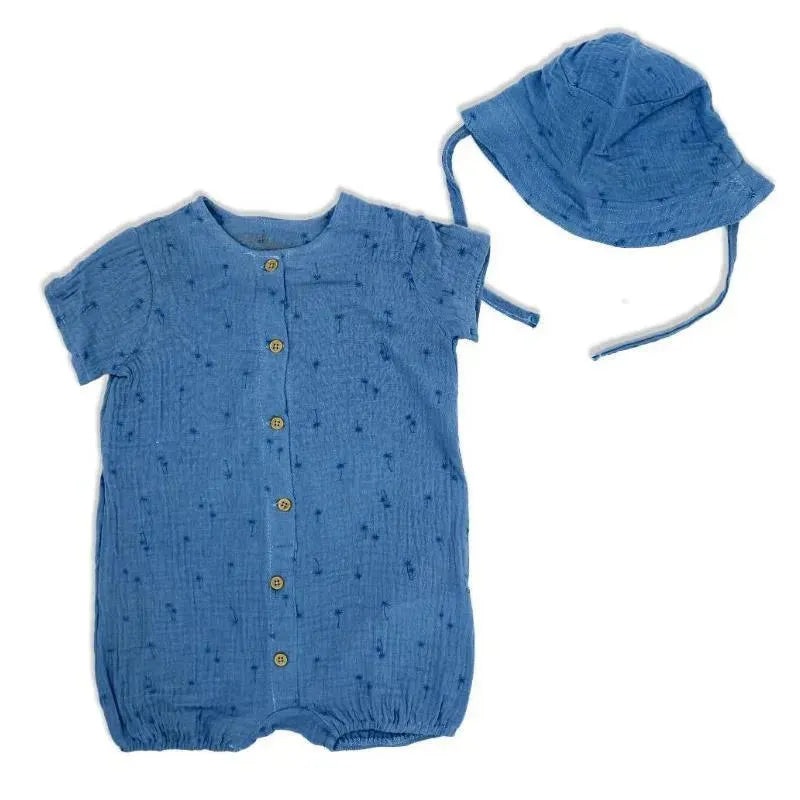 Rose Textiles – 2Pk Baby Boy Muslin Romper & Hat Set, Palm Tree