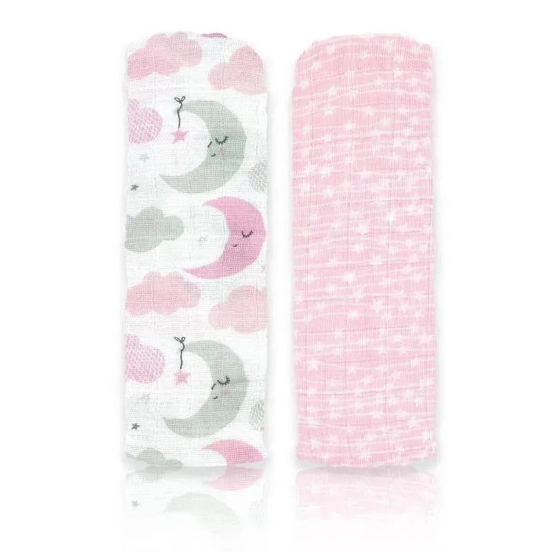 Rose Textiles – 2Pk Baby Girl Muslin Swaddle Blankets, Pink Star/Wave