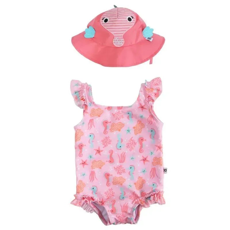 Zoocchini – 2Pk Baby Ruffled Swimsuit & Sun Hat Set, Seahorse