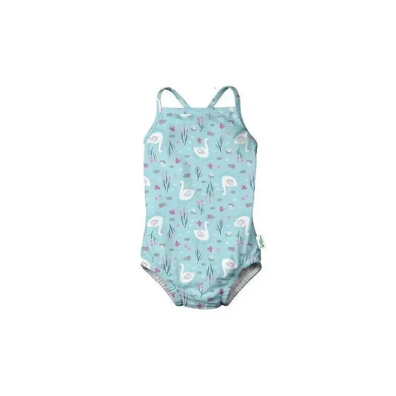 Iplay – Baby Girl Classic Swimsuit with Built-in Reusable Absorbent Swim Diaper, Light Aqua Swan