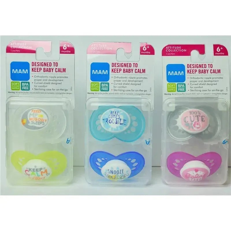 Mam Attitude Pacifiers 6M+ 2Pk Pink/Blue/Green