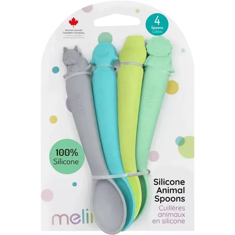 Melii – 100% Silicone Spoons, Baby and Toddler Feeding, BPA Free, 4 Piece Set, Shark, Dino, Bulldog, and Bear
