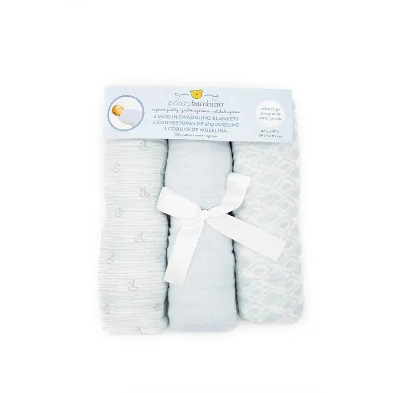 Piccolo Bambino 3pk Different Patterns Muslin Swaddle Blankets Boy