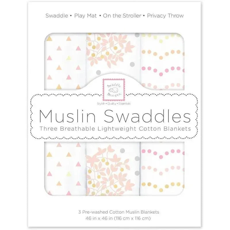Swaddle Designs – 3Pk Muslin Swaddle Blankets, Floral With Gold Shimmer