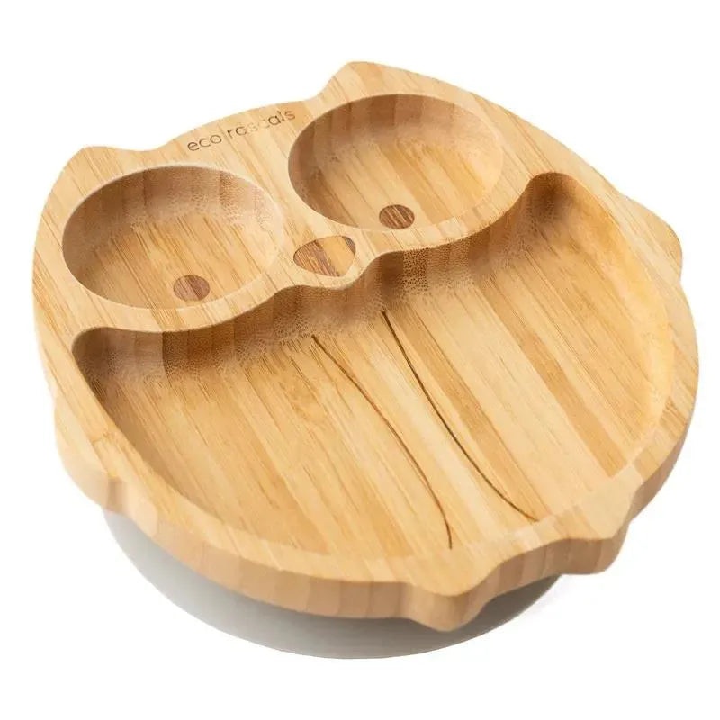 Eco Rascals Bamboo Suction Plate With Three Sections Owl, Grey