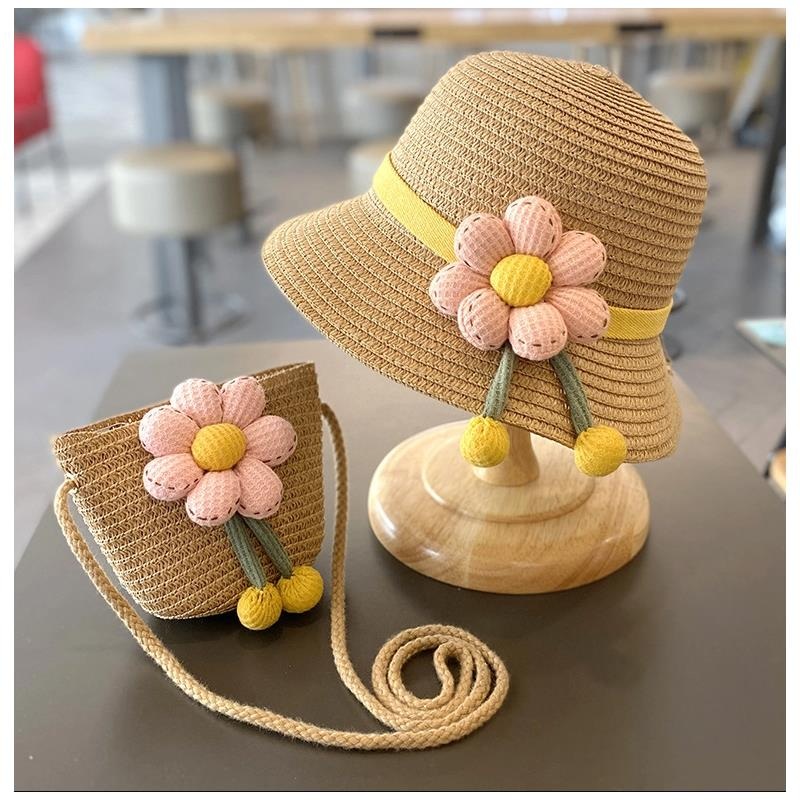 Little Trendy – Sun Protection Beach Straw Hat & Flower Straw Bag, 2Pcs Set