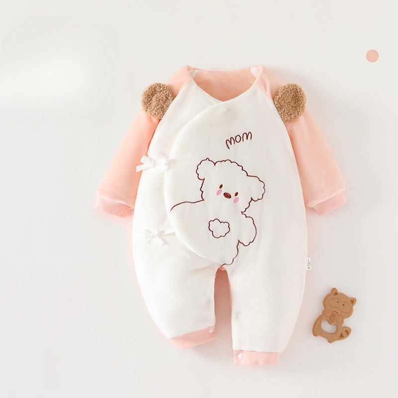 100% Cotton Extra Warm Long Sleeve Quilted Romper – Pink Bear Pink Bear 0-3 M