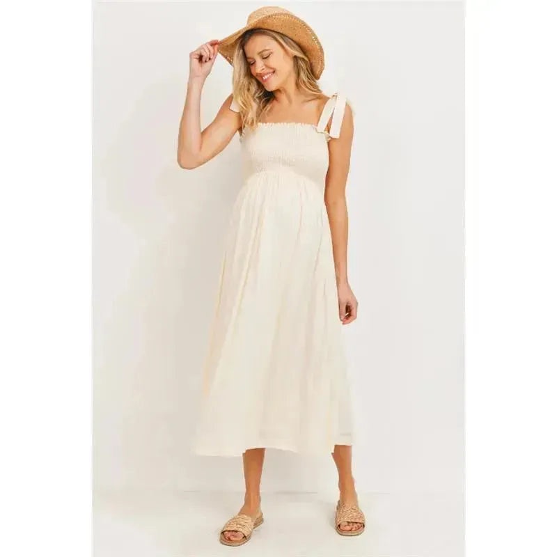 Hello Miz – Smocked Tie-Shoulder Maternity Midi Dress, Oatmeal