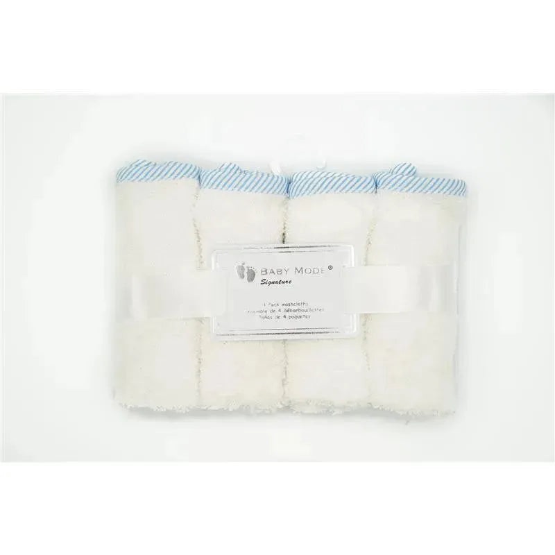 Rose Textiles White w/ Blue Striped Trim Baby Washcloths
