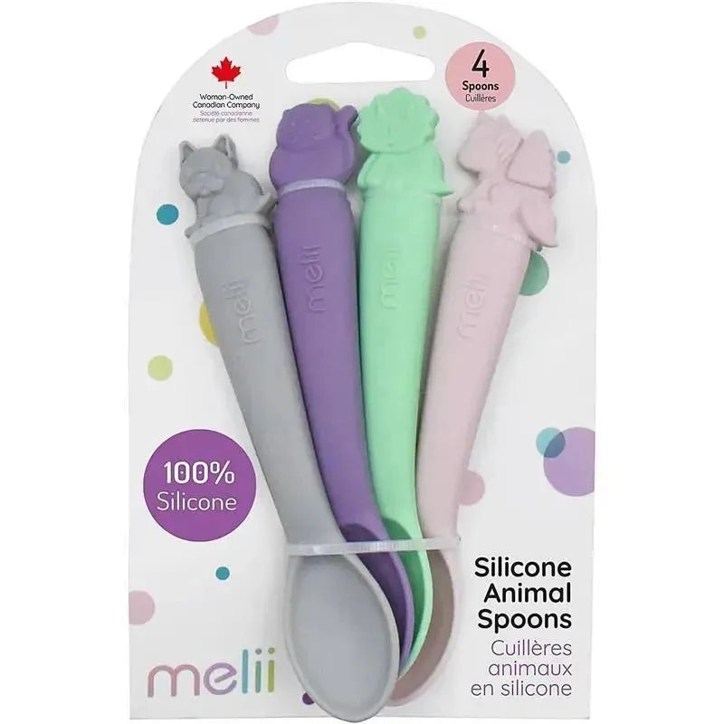 Melii – 100% Silicone Spoons, Baby and Toddler Feeding, BPA Free, 4 Piece Set, Dog, Cat, Unicorn, & Dino