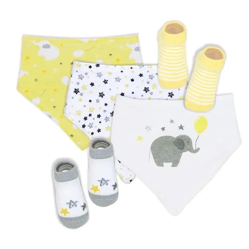 Rose Textiles – 5 Pc Bib And Socks Set, Yellow Elephant