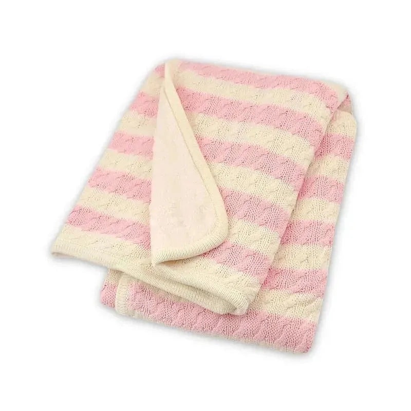 Just Born – Stripe Cable Knit Blanket, Soft Pink/White