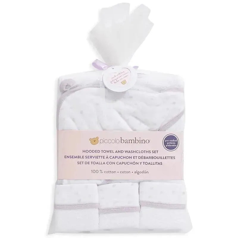 Piccolo Bambino – Hooded Towel W/ 3 Washcloths, White/Pink